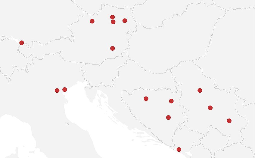 map of middle europe showing places where PHAIDRA is used (Austria, Bosnia and Herzogovina, Italy, Montenegro, Serbia)